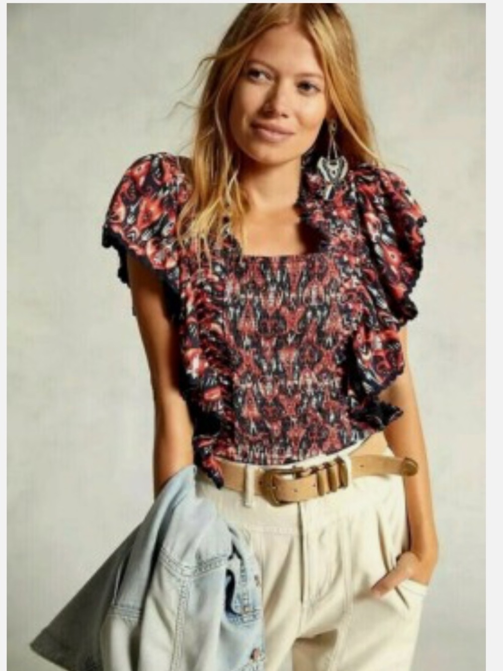 Let Me Be | Anthropologie patterned square neck and back smocked blouse medium